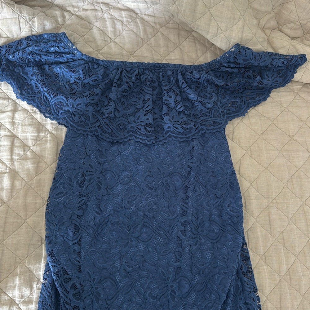 Pink Blush Maternity blue lace off the shoulder short dress